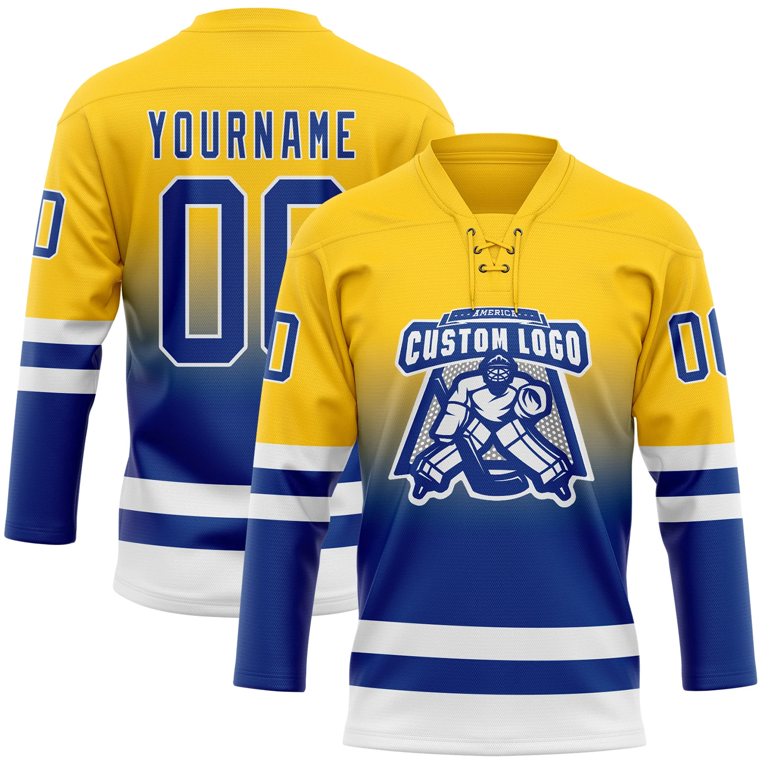 Custom Yellow Royal-White Fade Fashion Hockey Lace Neck Jersey - Image 2
