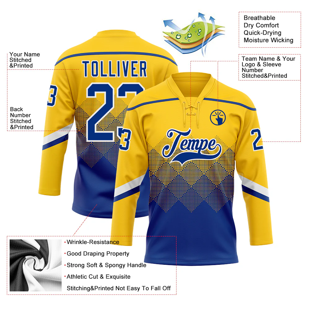 Custom Yellow Royal-White 3D Pattern Gradient Square Shapes Hockey Lace Neck Jersey - Image 3