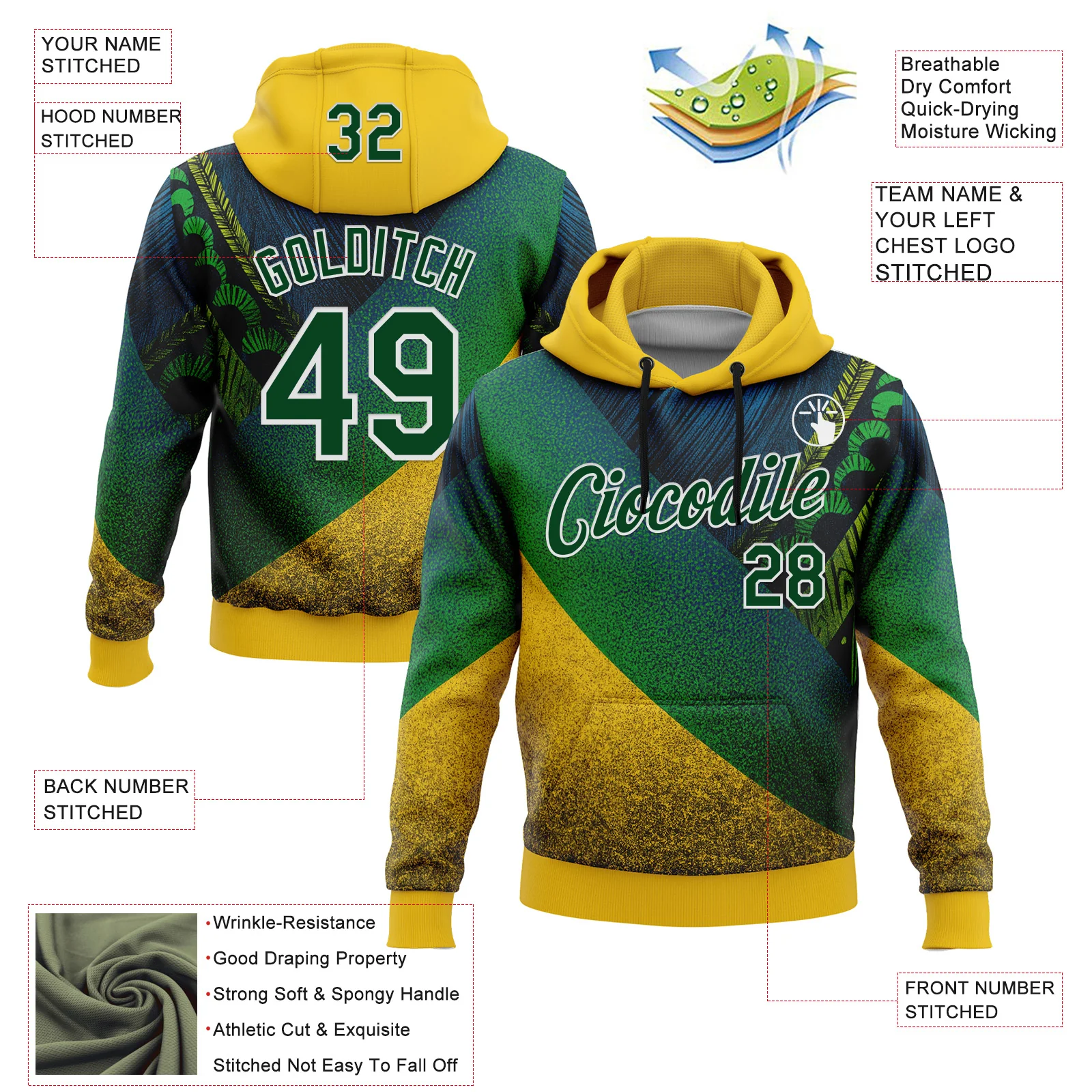 Custom Stitched Yellow Green-White 3D Pattern Design Brazil Inspired Tribal Sportswear Pullover Sweatshirt Hoodie - Image 2