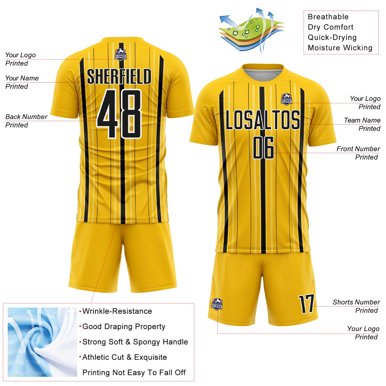 Custom Yellow Black-White Stripe Sublimation Soccer Uniform Jersey - Image 4