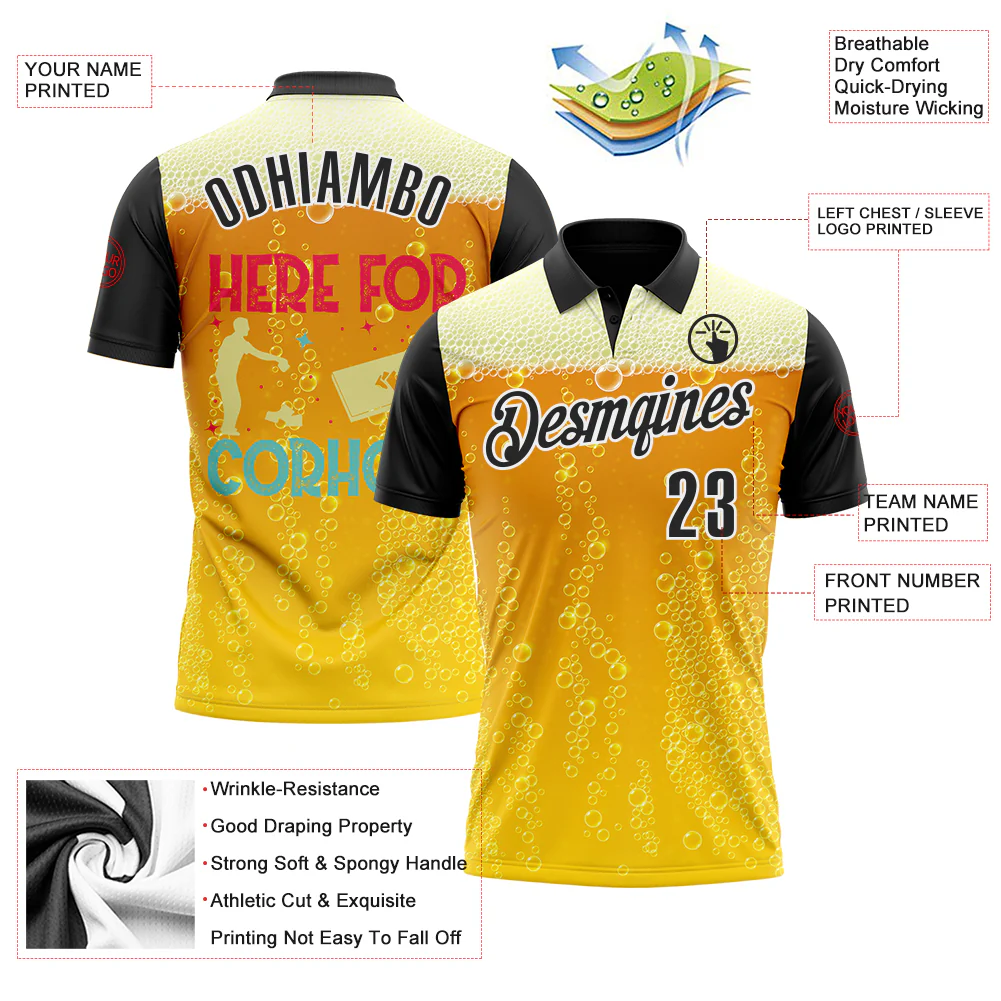 Custom Yellow Black-White 3D Cornhole Beer Performance Polo Shirt - Image 3