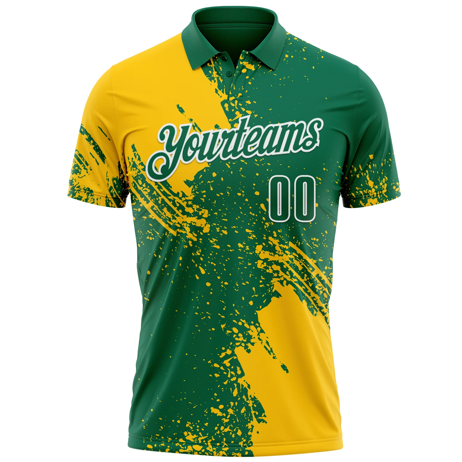 Custom Yellow Kelly Green-White 3D Pattern Design Abstract Brush Stroke Performance Polo Shirt - Image 2
