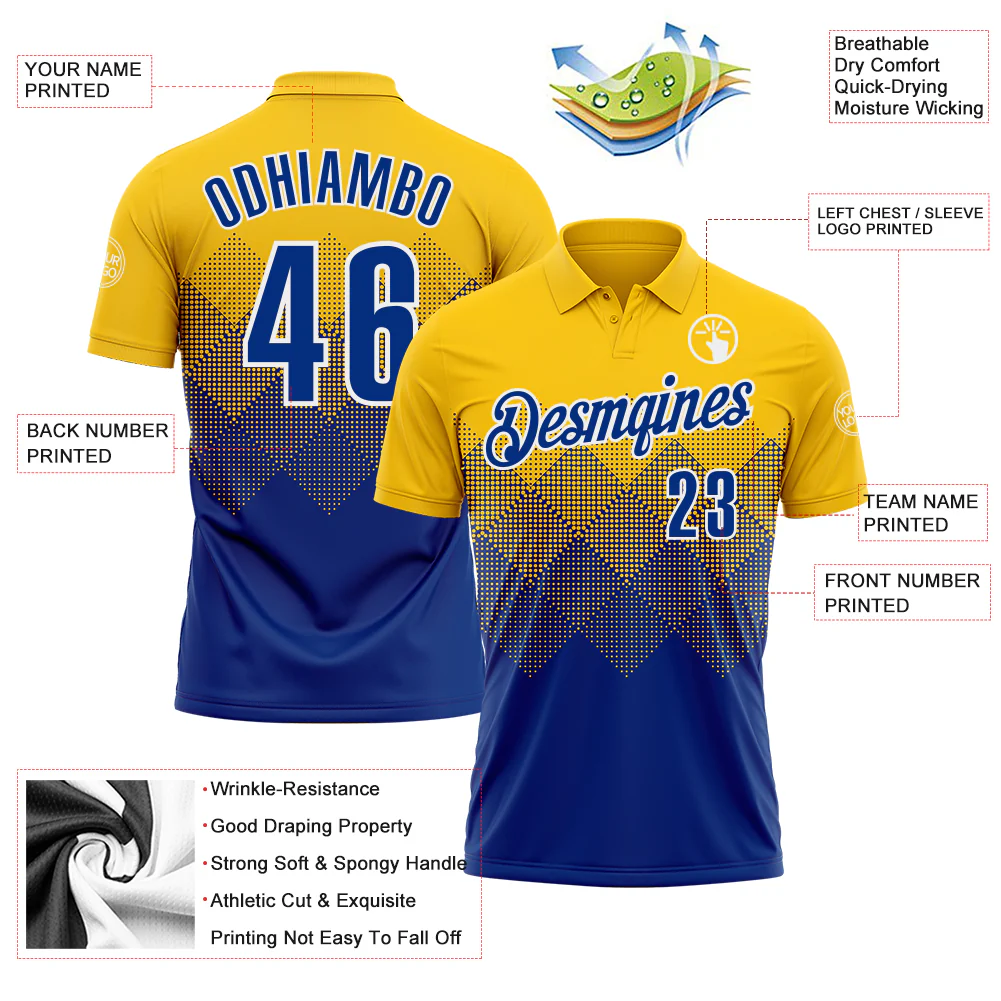 Custom Yellow Royal-White 3D Pattern Design Gradient Square Shape Performance Polo Shirt - Image 3