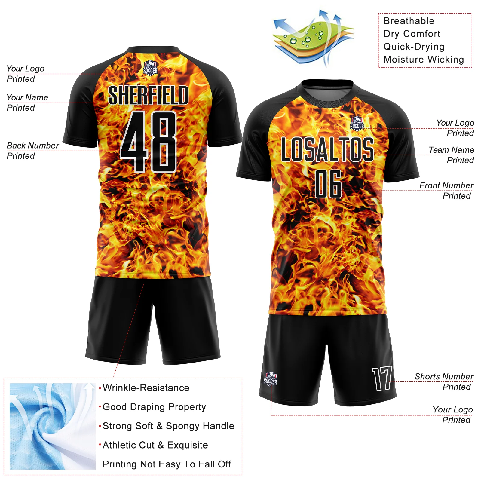 Custom Yellow Black-White Flame Sublimation Soccer Uniform Jersey - Image 4