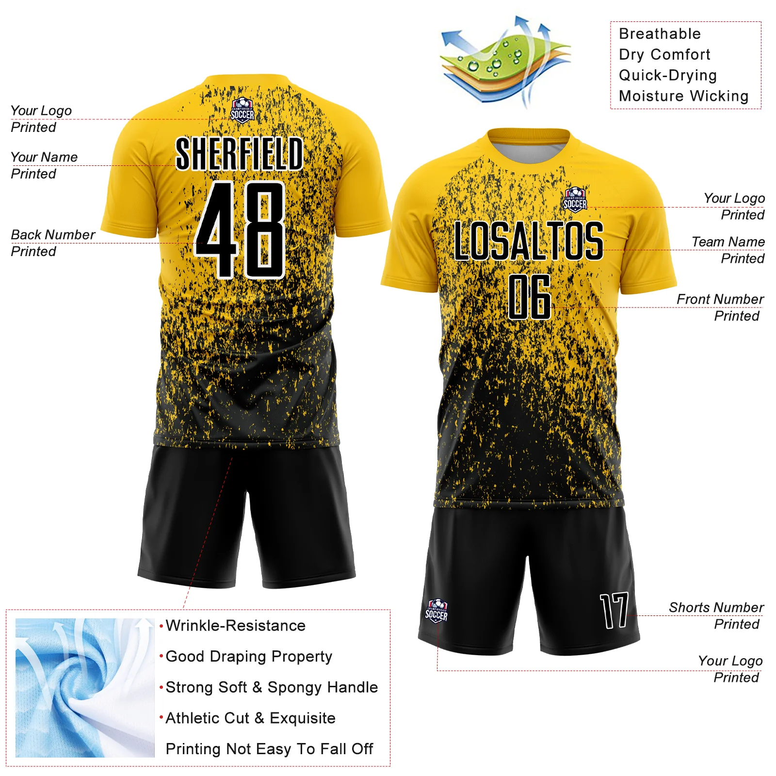 Custom Yellow Black-White Abstract Fragment Art Sublimation Soccer Uniform Jersey - Image 4