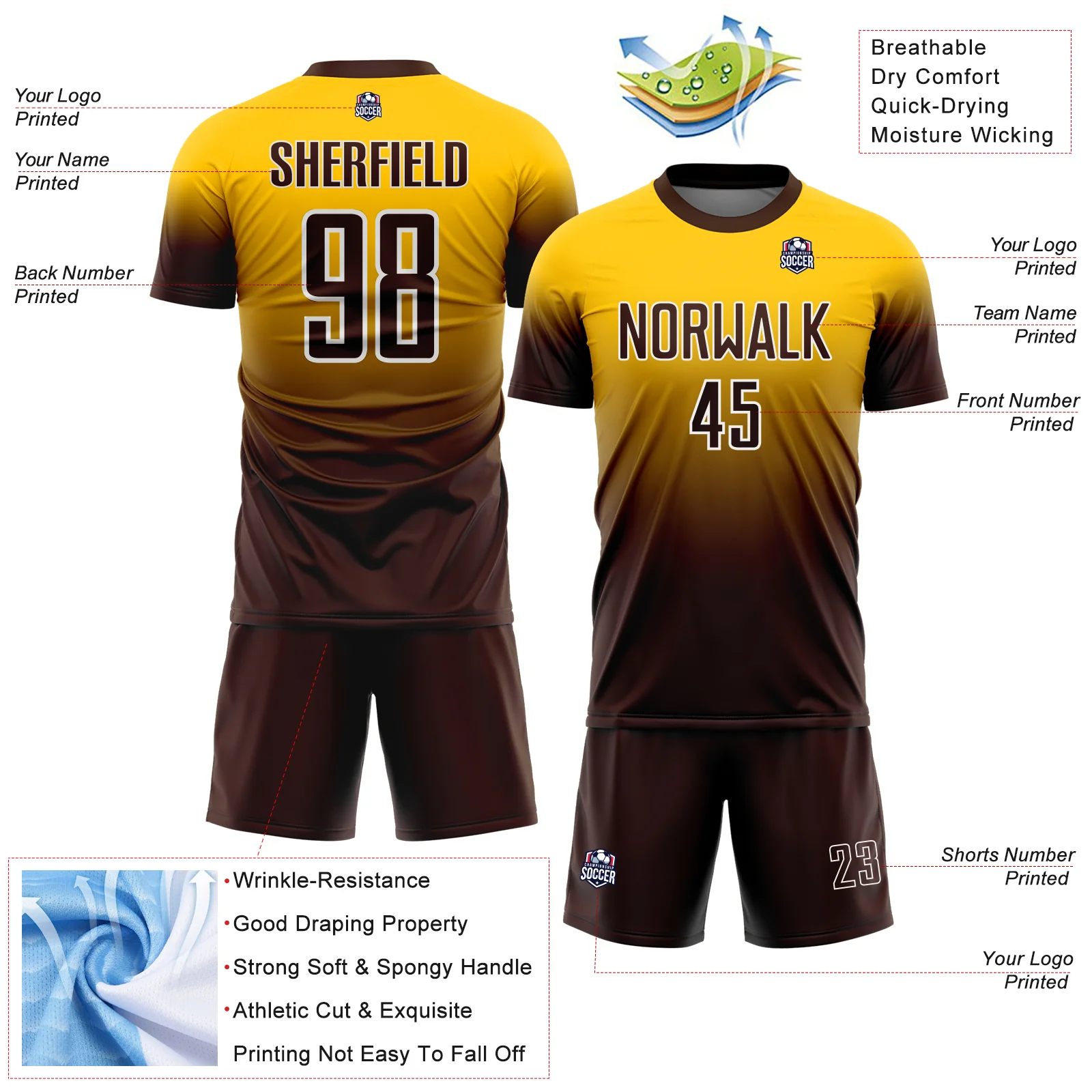 Custom Yellow Brown-White Fade Fashion Sublimation Soccer Uniform Jersey - Image 4
