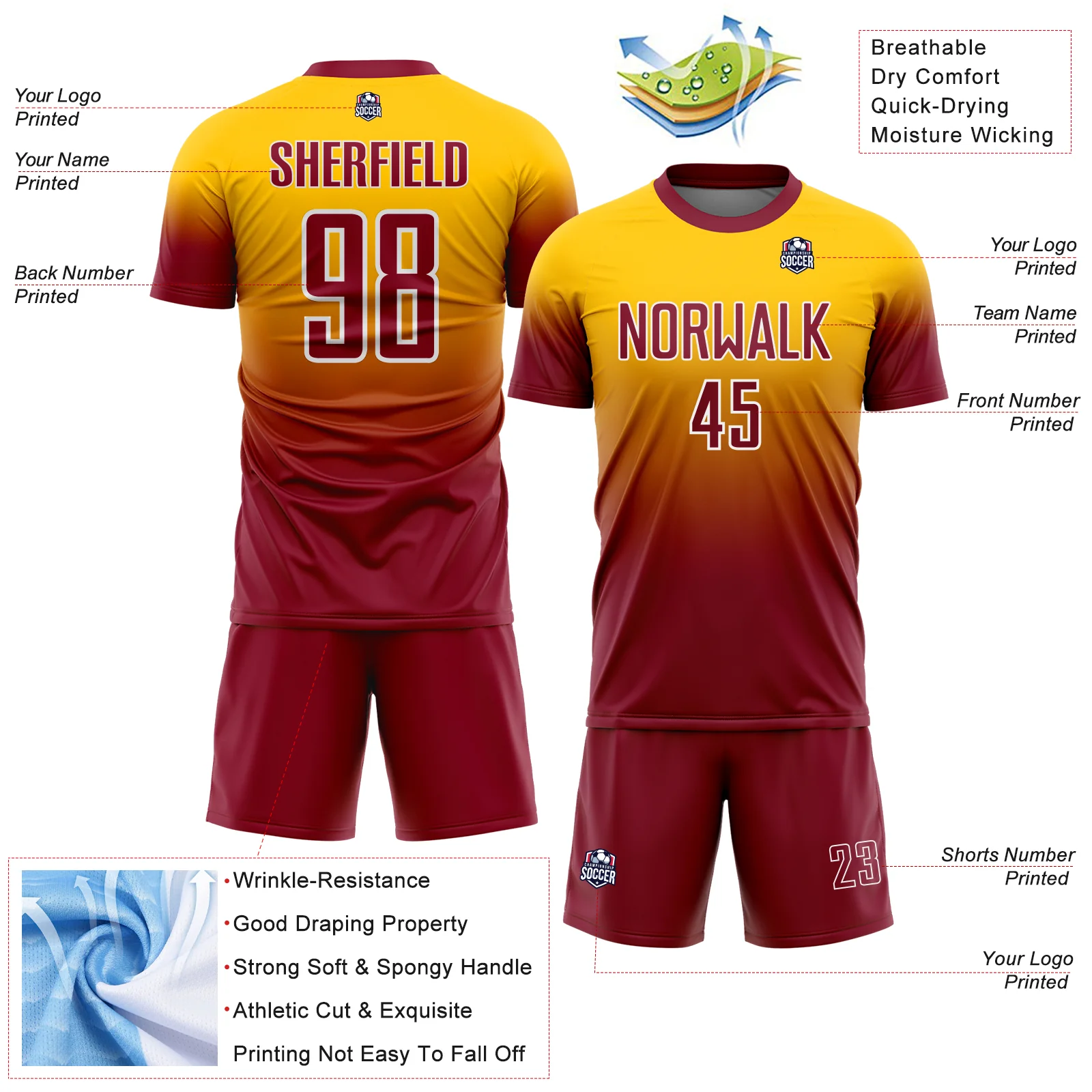 Custom Yellow Crimson-White Fade Fashion Sublimation Soccer Uniform Jersey - Image 4