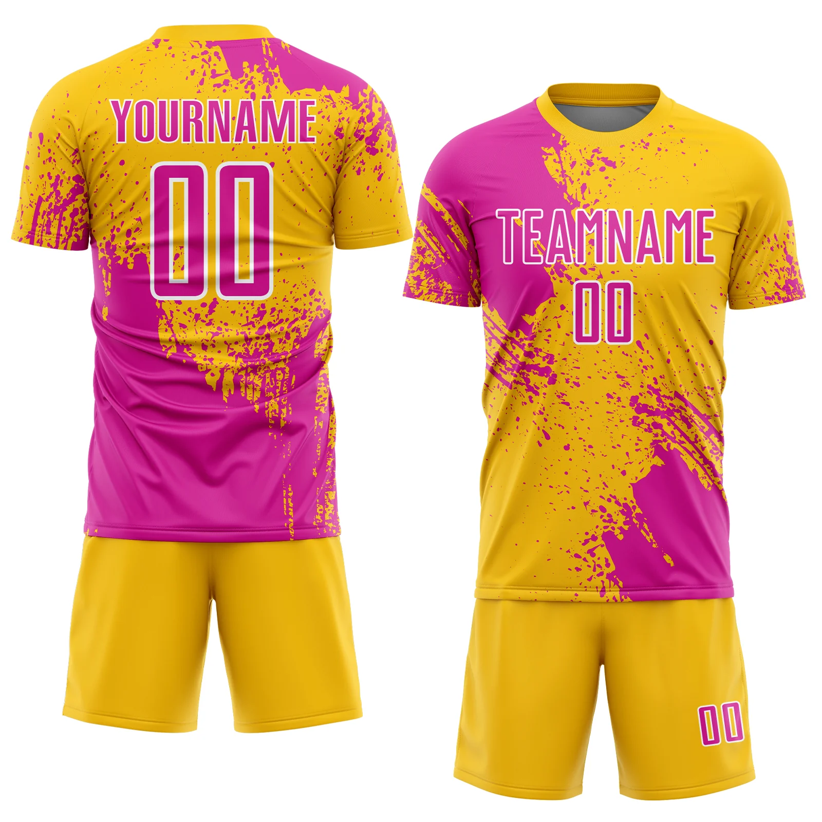 Custom Yellow Deep Pink-White Abstract Brush Stroke Sports Sublimation Soccer Uniform Jersey - Image 2