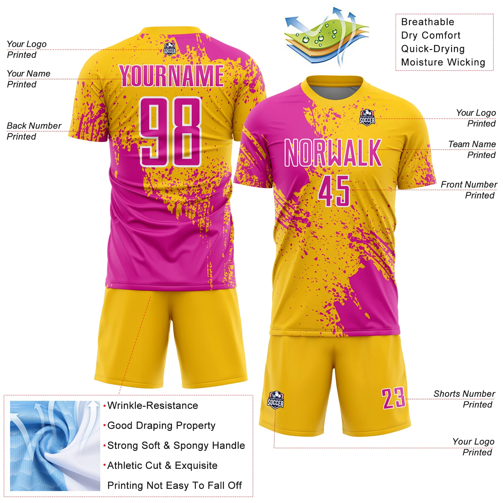 Custom Yellow Deep Pink-White Abstract Brush Stroke Sports Sublimation Soccer Uniform Jersey - Image 4
