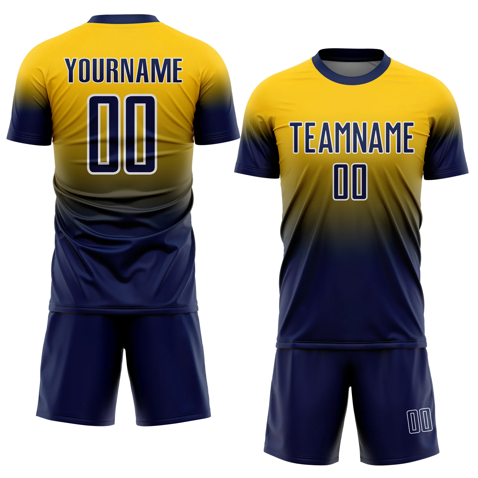 Custom Yellow Navy-White Fade Fashion Sublimation Soccer Uniform Jersey - Image 2