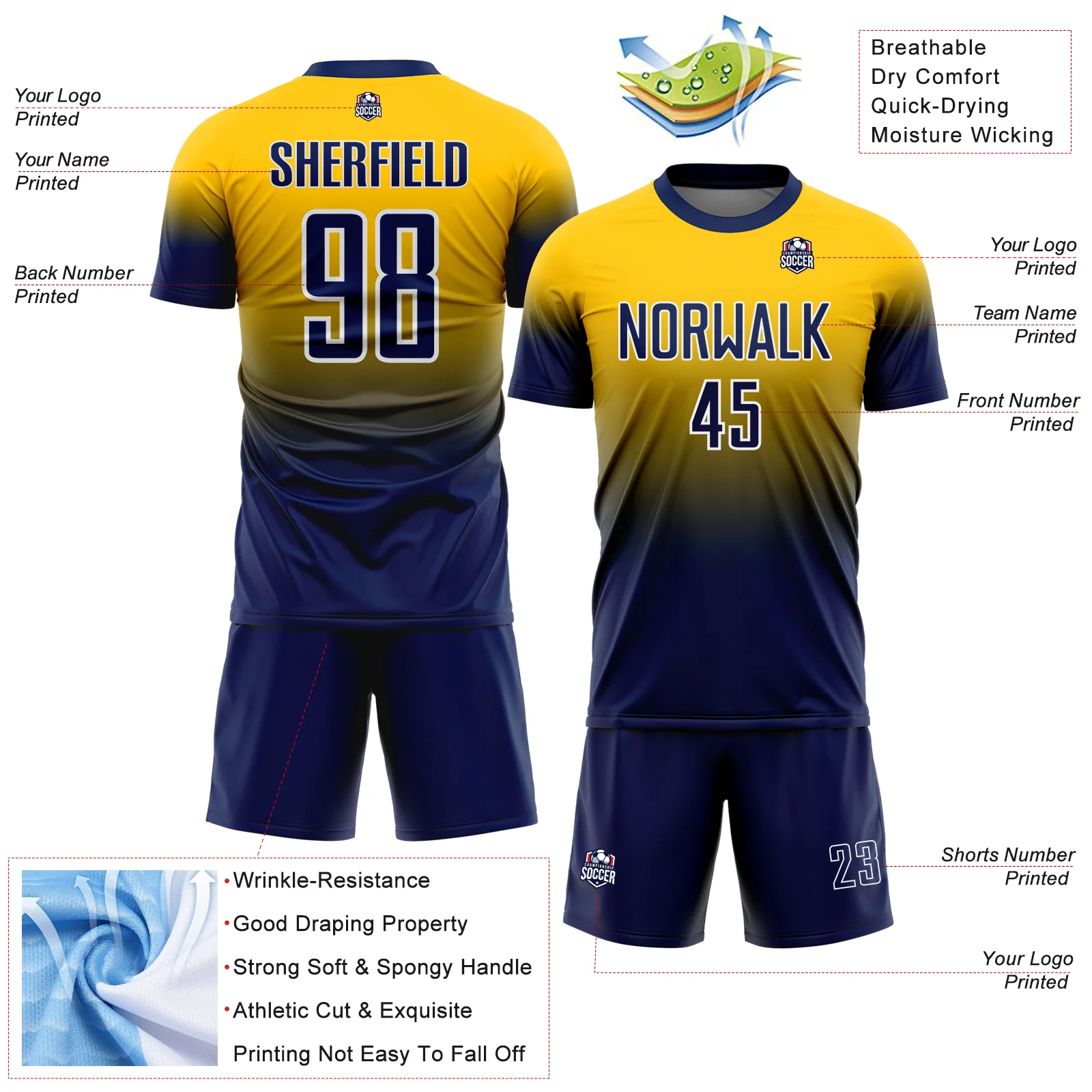 Custom Yellow Navy-White Fade Fashion Sublimation Soccer Uniform Jersey - Image 4