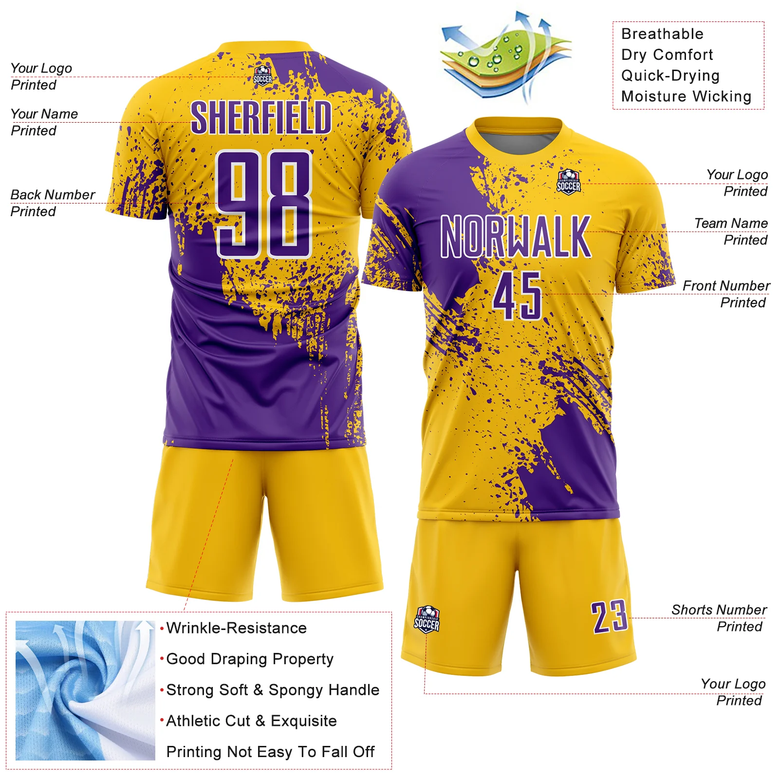 Custom Yellow Purple-White Abstract Brush Stroke Sports Sublimation Soccer Uniform Jersey - Image 4