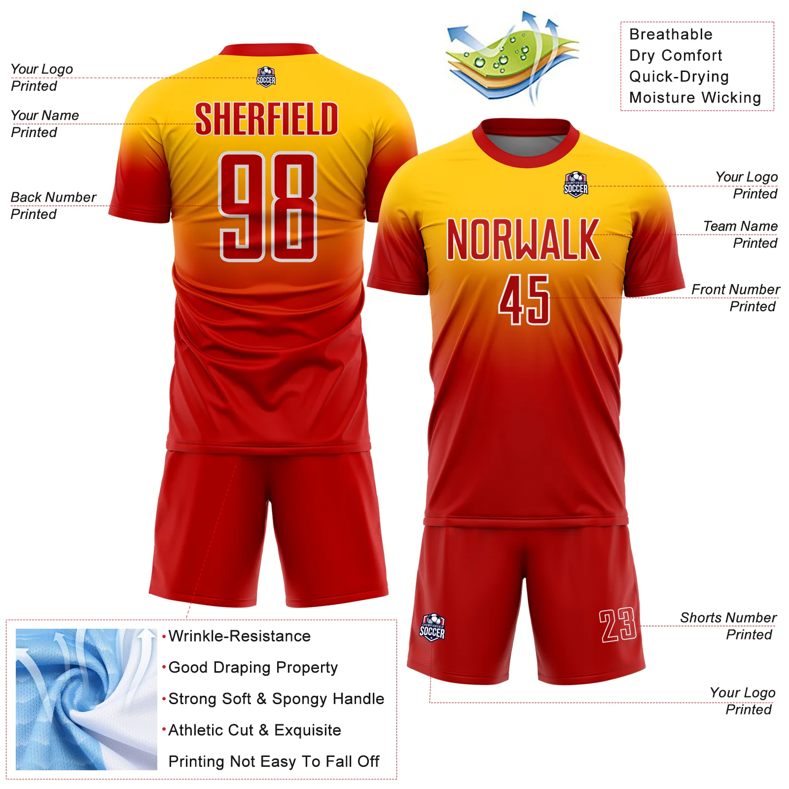 Custom Yellow Red-White Fade Fashion Sublimation Soccer Uniform Jersey - Image 4