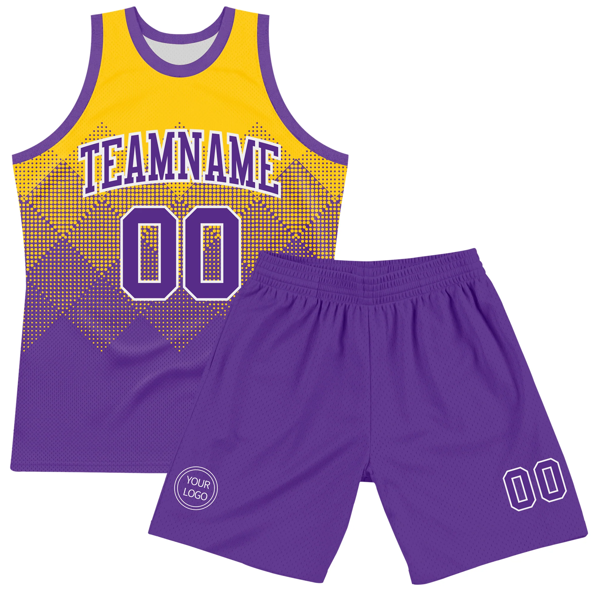 Custom Yellow Purple-White Gradient Square Shapes Round Neck Sublimation Basketball Suit Jersey - Image 2