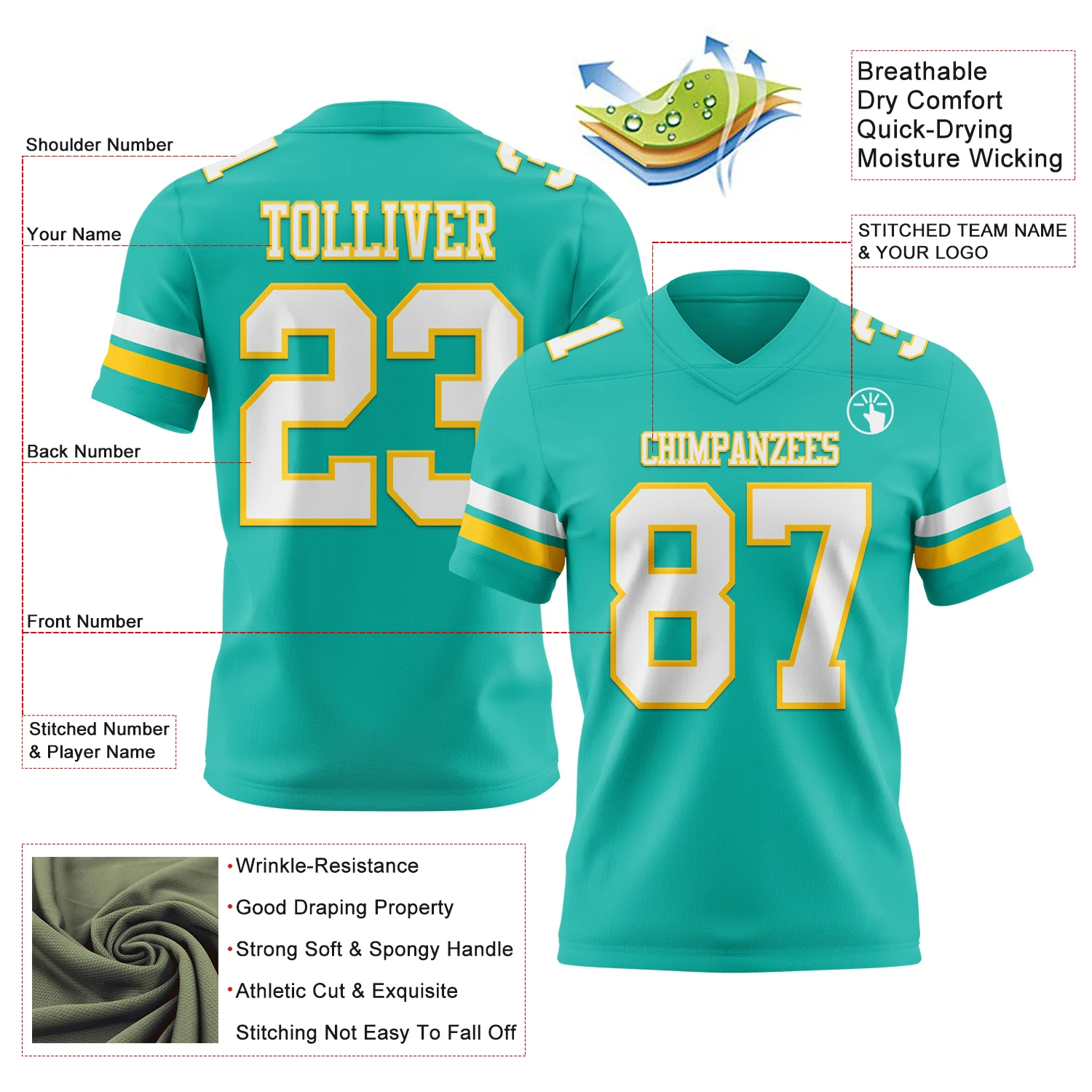 Custom Aqua White-Yellow Authentic Football Jersey - Image 3