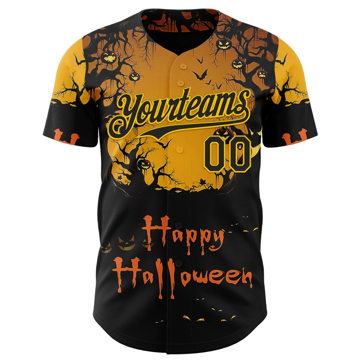 Custom Yellow Black 3D Halloween Spooky Pumpkin Authentic Baseball Jersey - Image 2
