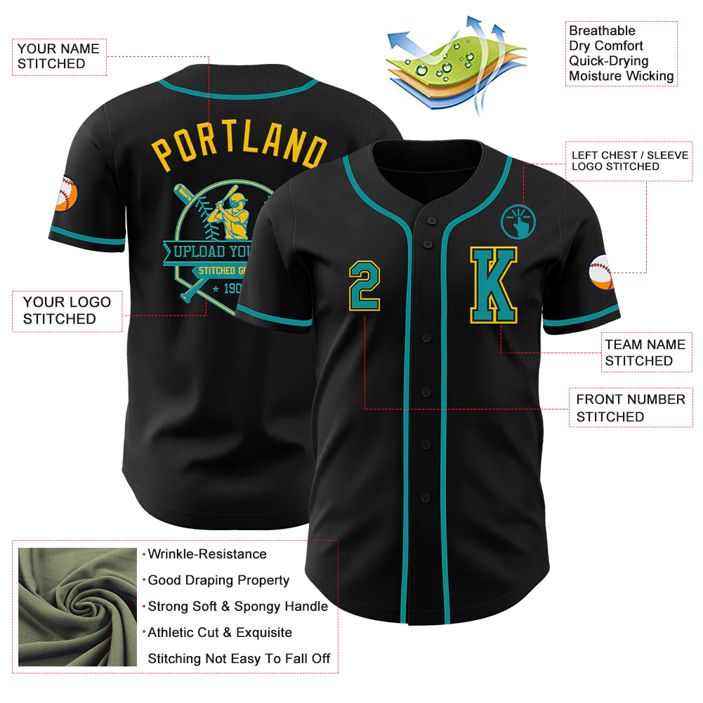Custom Black Teal-Yellow Authentic Baseball Jersey - Image 6