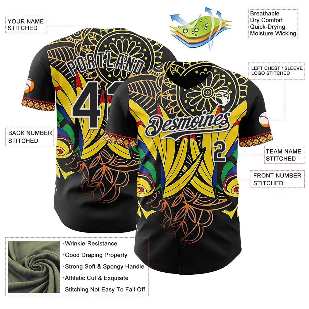 Custom Black Yellow Red Green-White Black History Month Africa Tribal Authentic Baseball Jersey - Image 3