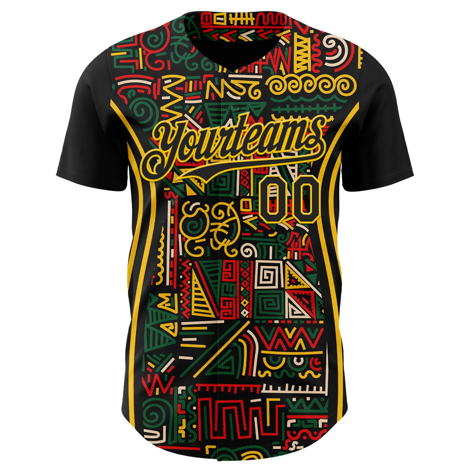 Custom Black Yellow Green-Red 3D Pattern Design Black History Month African Ethnicity Style Abstract Geometric Authentic Baseball Jersey - Image 2