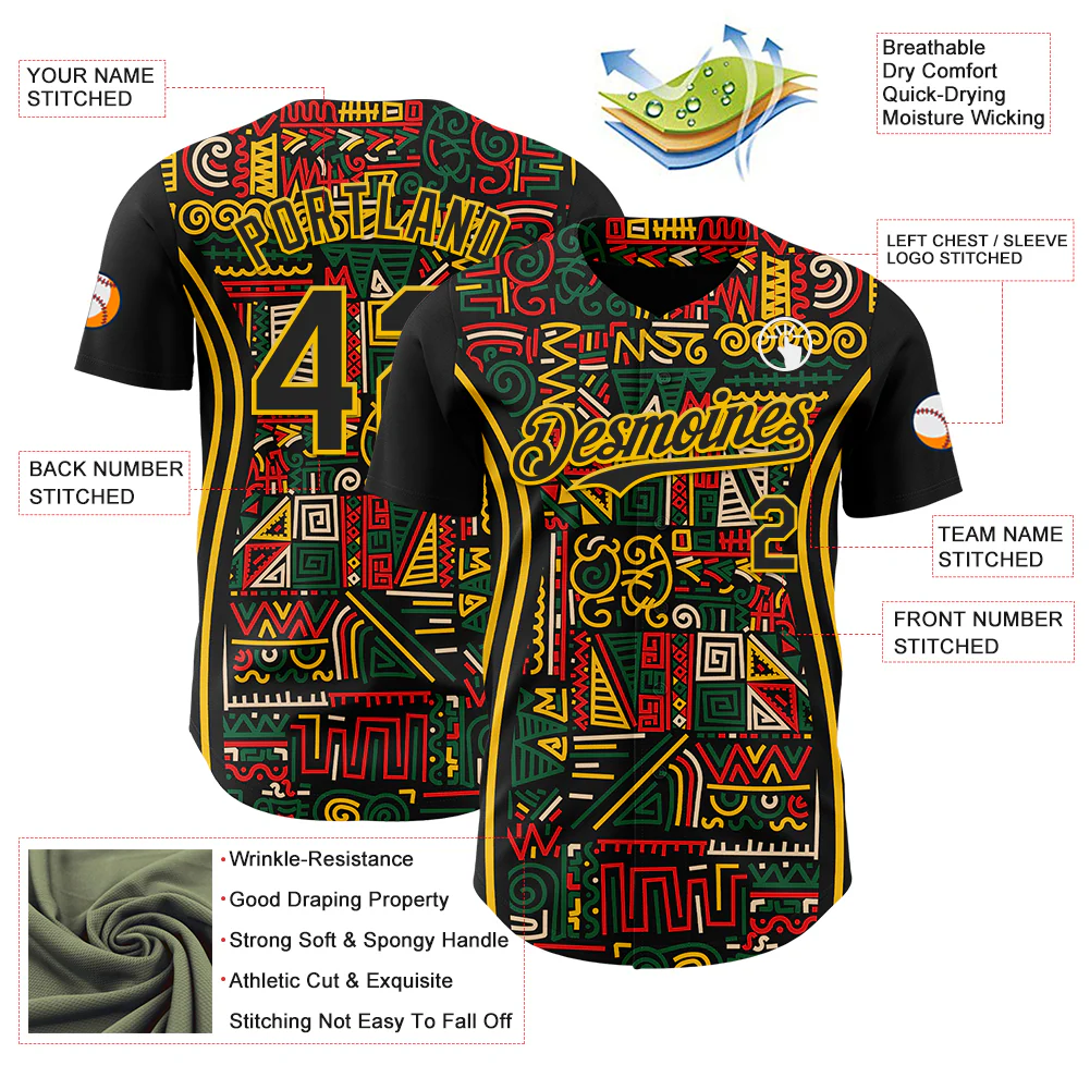 Custom Black Yellow Green-Red 3D Pattern Design Black History Month African Ethnicity Style Abstract Geometric Authentic Baseball Jersey - Image 3