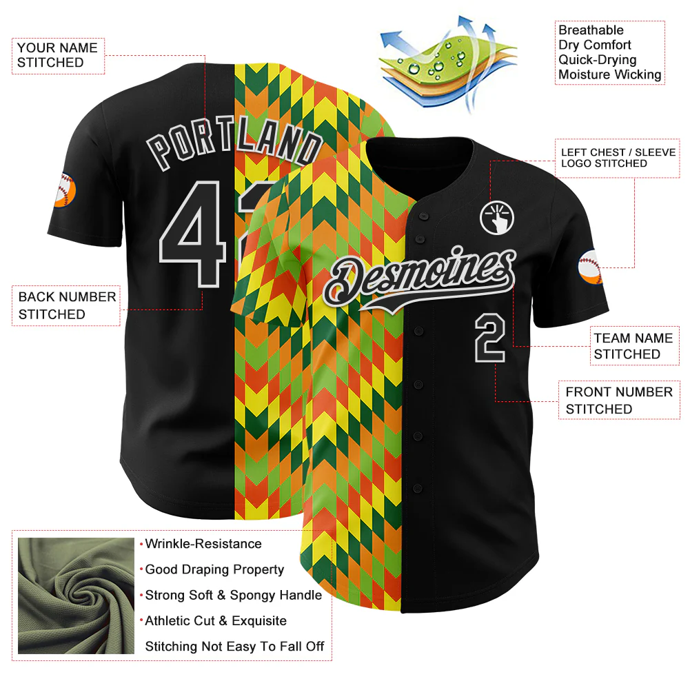 Custom Black Yellow Green Red-Orange 3D Pattern Design Black History Month African Ethnicity Style Abstract Geometric Authentic Baseball Jersey - Image 3