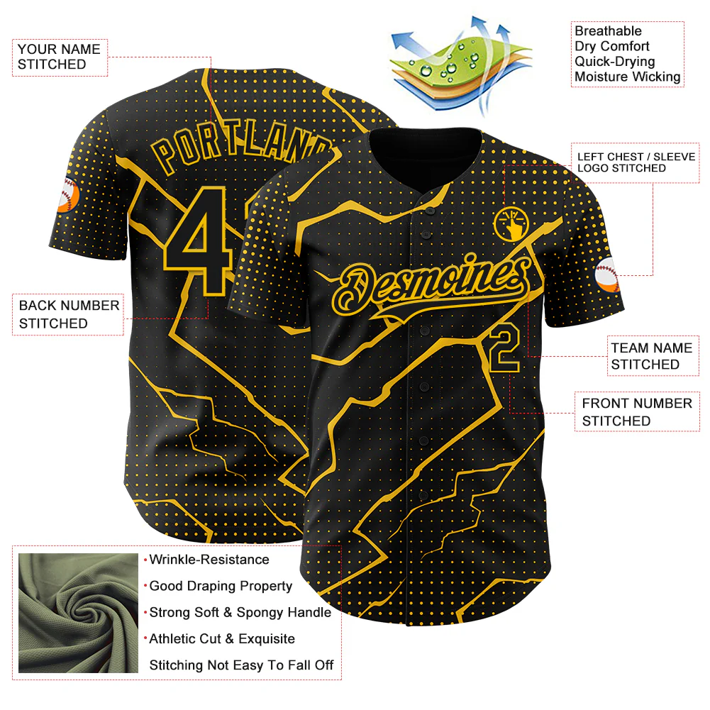 Custom Black Yellow Lightning Polka Dot Authentic Baseball Jersey - Image 3