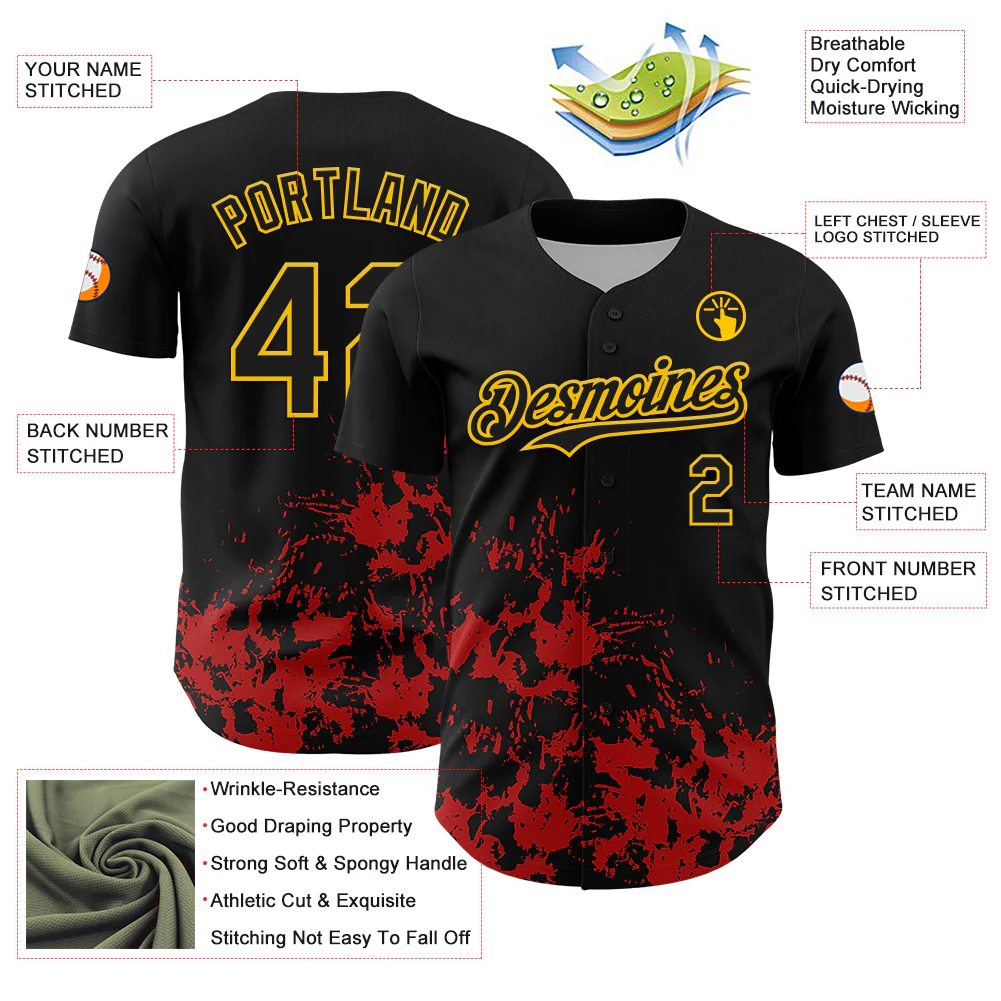 Custom Black Yellow-Red Splatter Authentic Baseball Jersey - Image 3