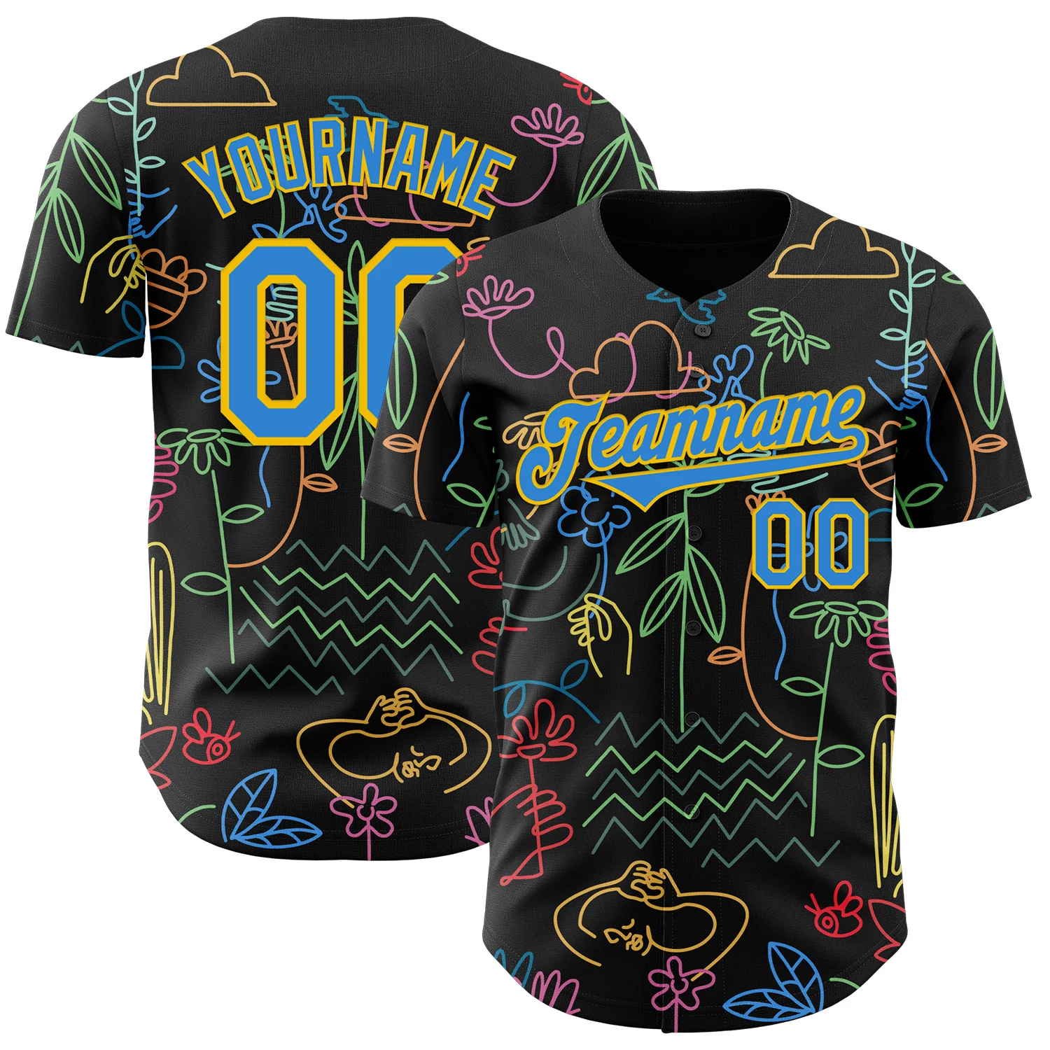 Custom Black Electric Blue-Yellow Ninhol My Garden Authentic Baseball Jersey