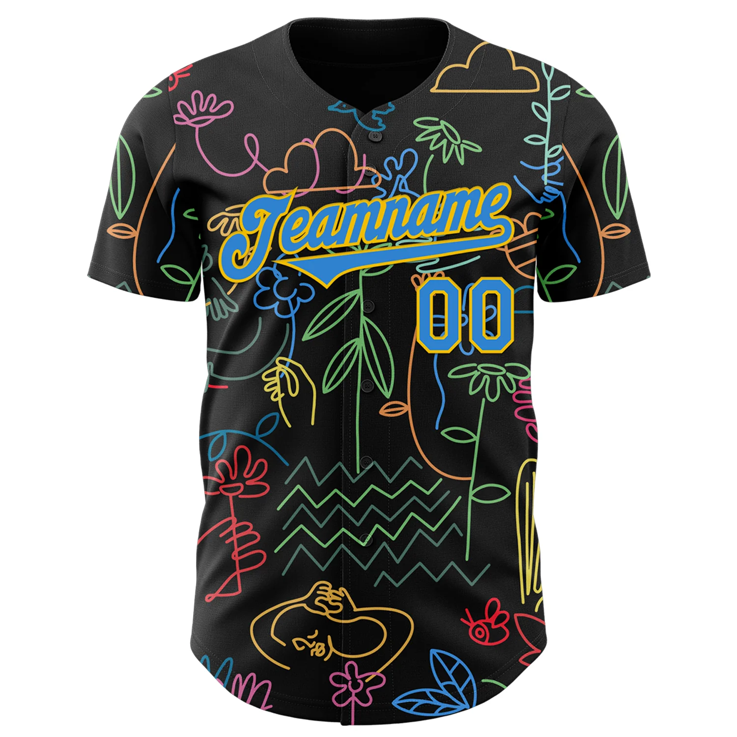 Custom Black Electric Blue-Yellow Ninhol My Garden Authentic Baseball Jersey - Image 2