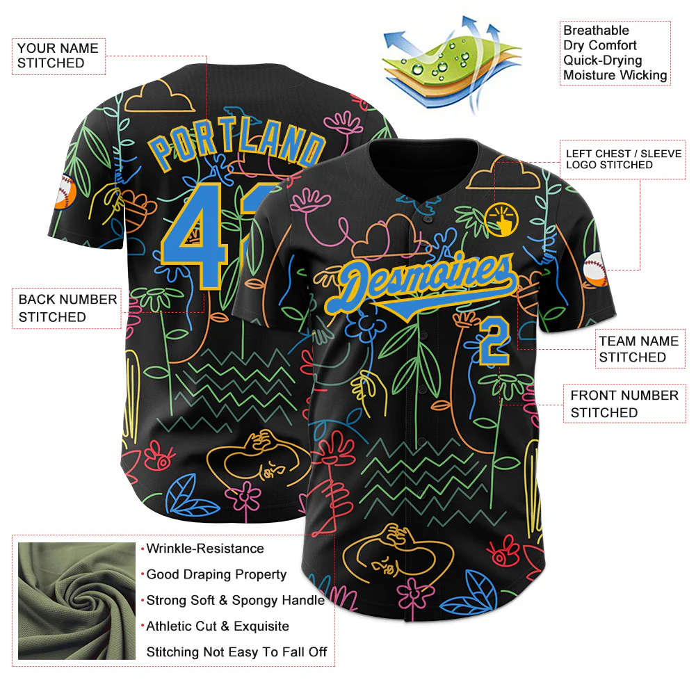 Custom Black Electric Blue-Yellow Ninhol My Garden Authentic Baseball Jersey - Image 3