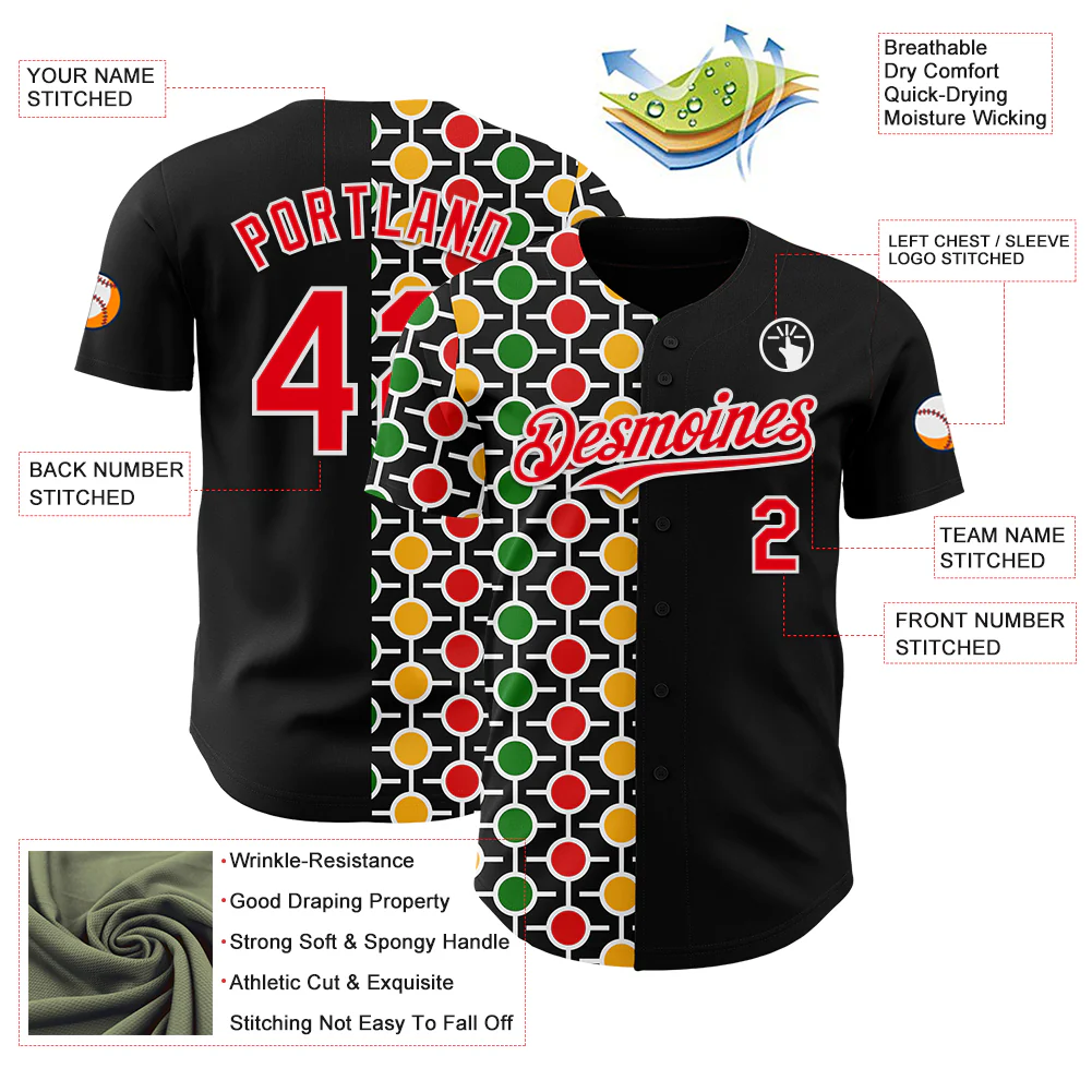Custom Black Fire Red Yellow Green-White 3D Pattern Design Black History Month African Ethnicity Style Abstract Geometric Authentic Baseball Jersey - Image 3
