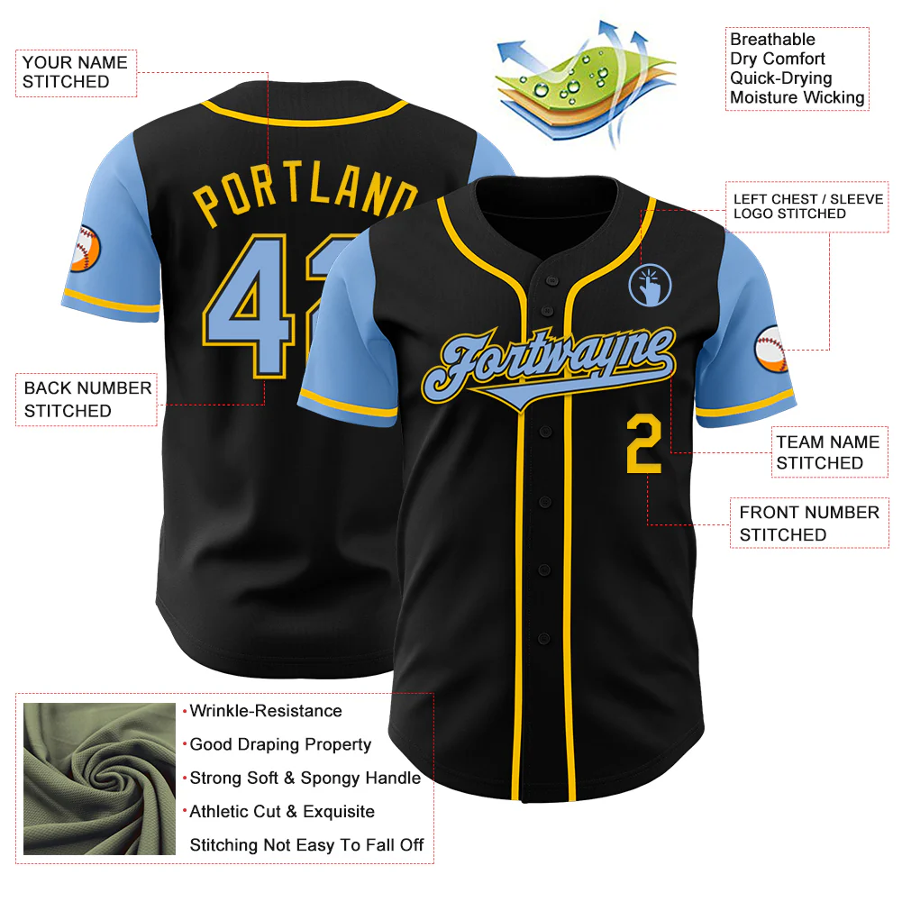 Custom Black Light Blue-Yellow Authentic Two Tone Baseball Jersey - Image 3