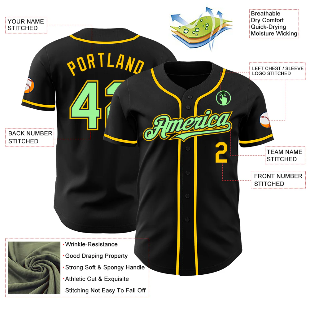 Custom Black Pea Green-Yellow Authentic Baseball Jersey - Image 3