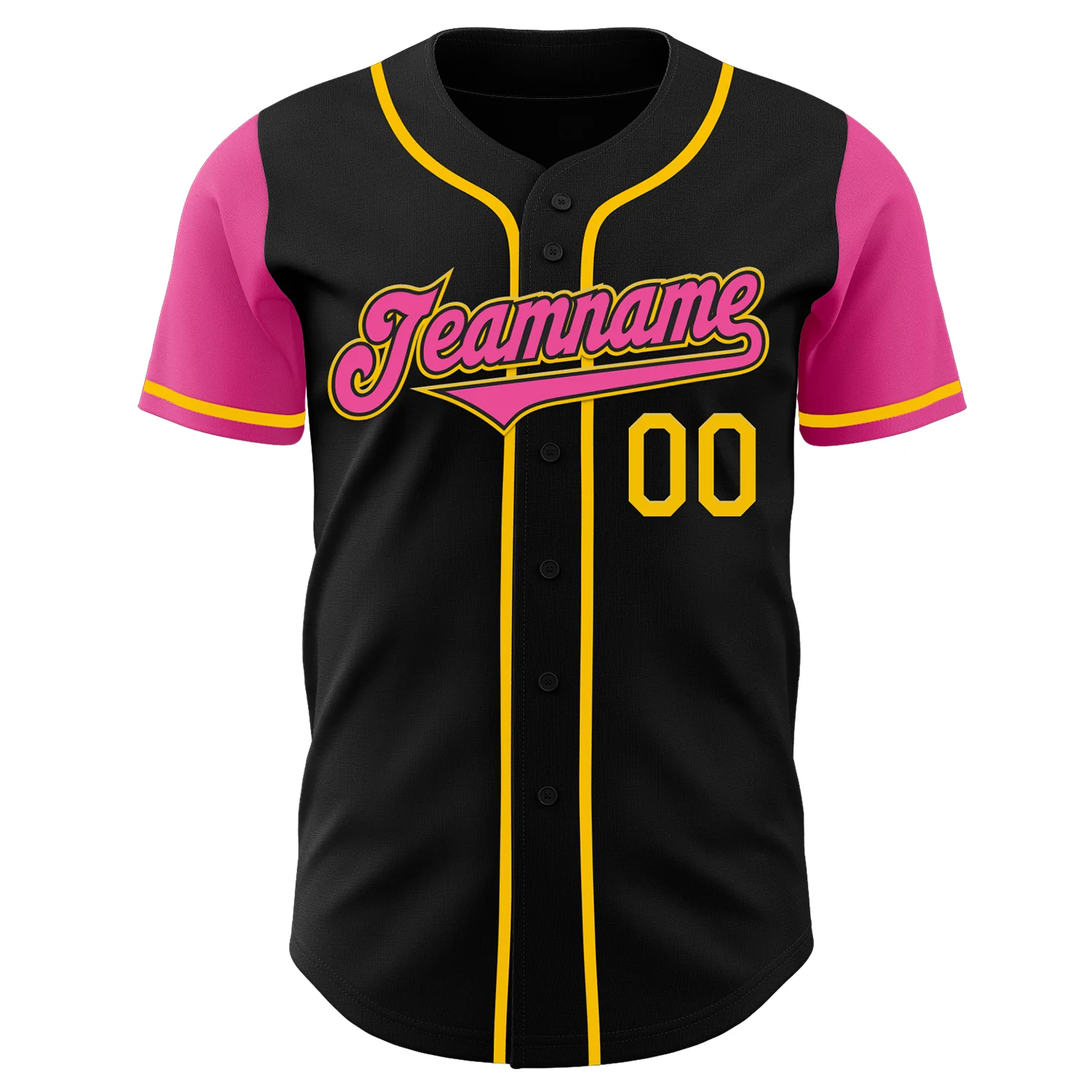 Custom Black Pink-Yellow Authentic Two Tone Baseball Jersey - Image 2