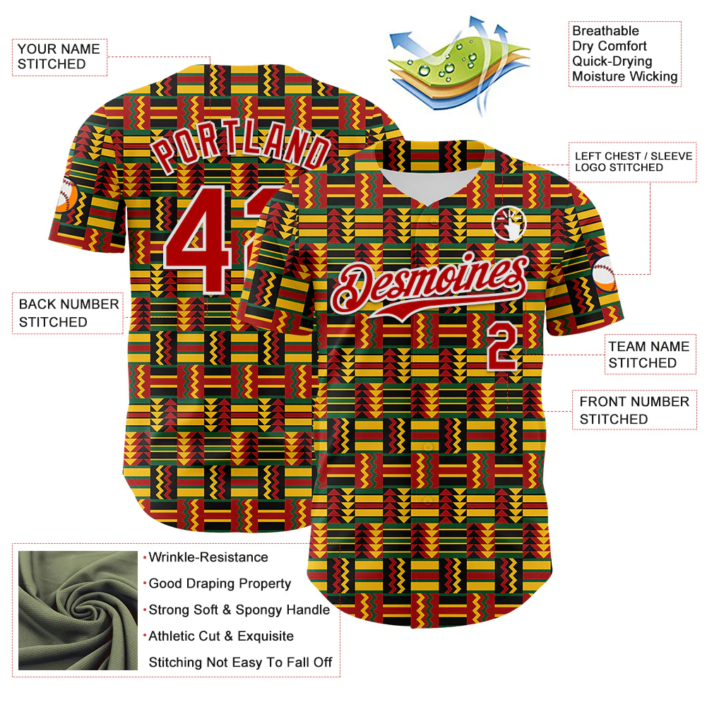 Custom Black Red Yellow Green-White 3D Pattern Design Black History Month African Ethnicity Style Abstract Geometric Authentic Baseball Jersey - Image 3