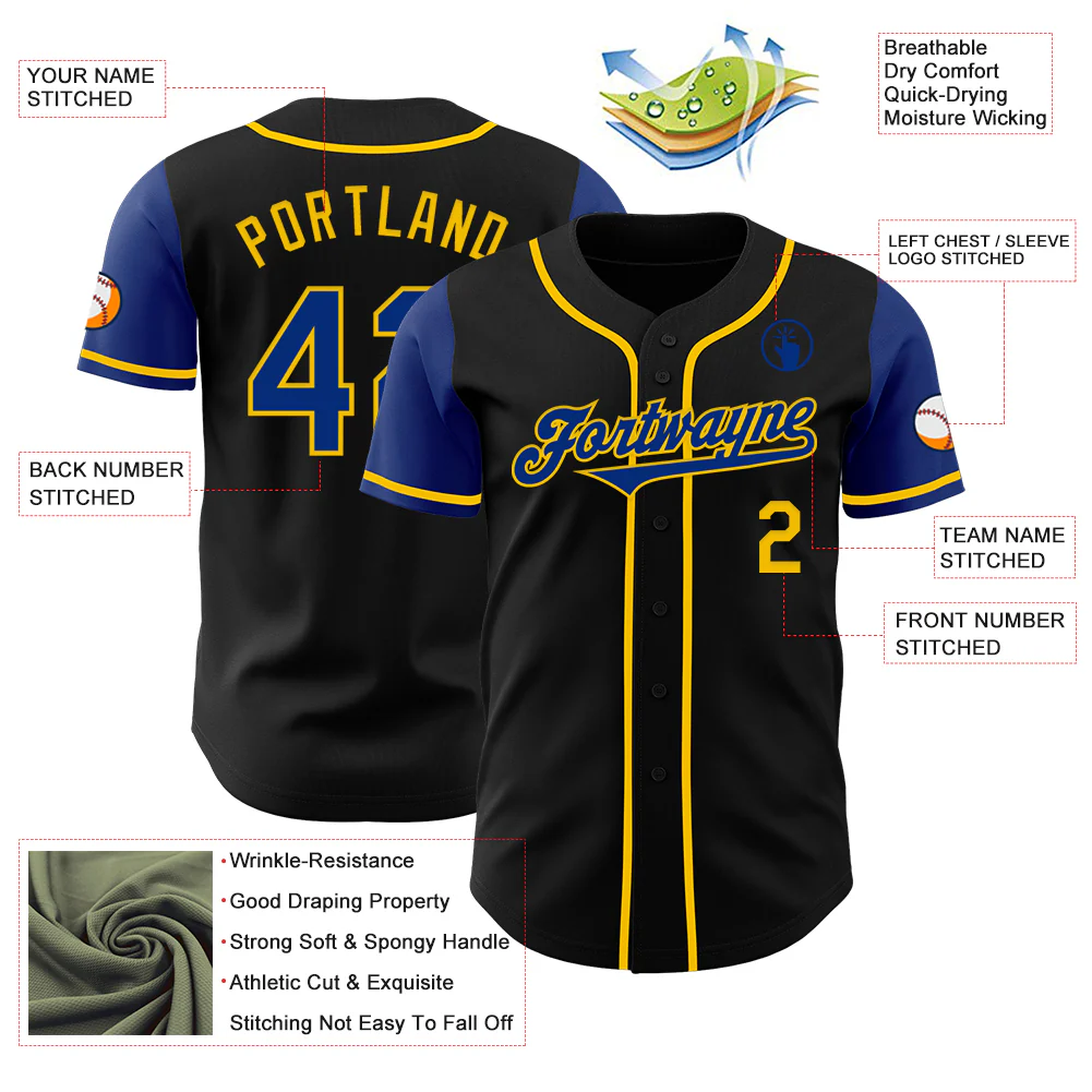 Custom Black Royal-Yellow Authentic Two Tone Baseball Jersey - Image 3