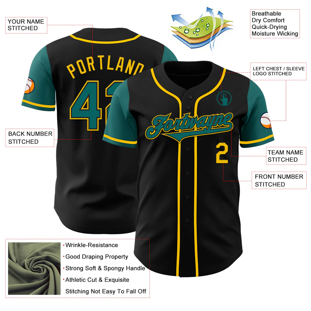Custom Black Teal-Yellow Authentic Two Tone Baseball Jersey - Image 3