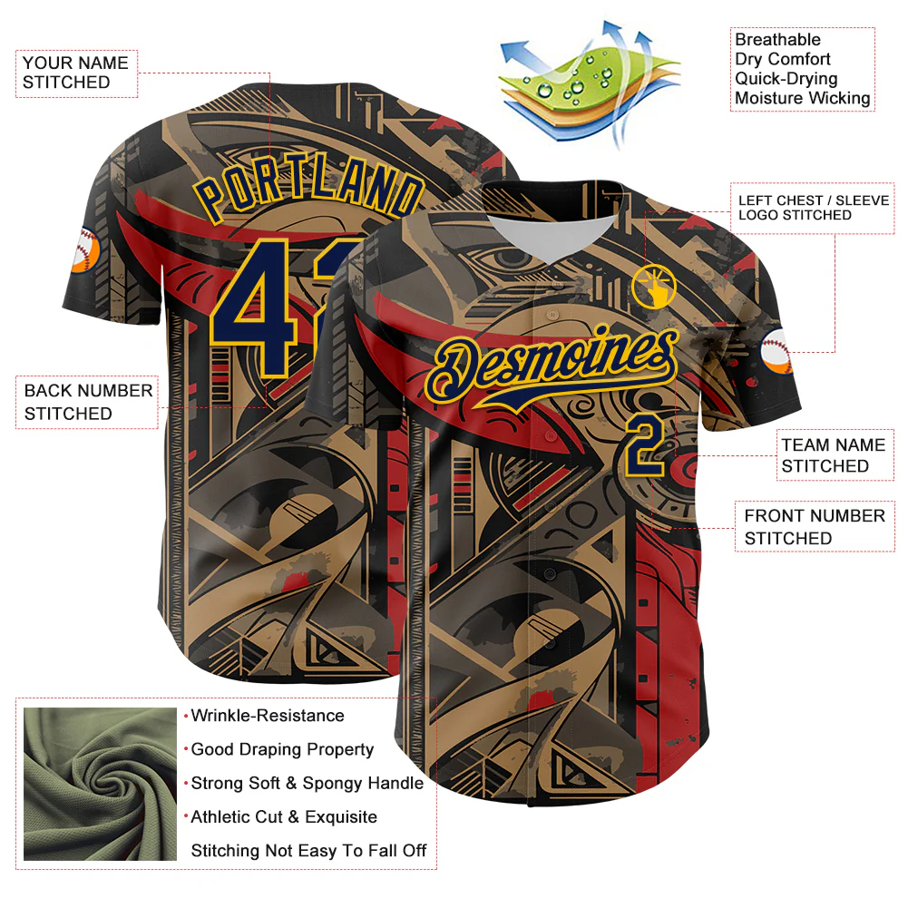 Custom Black Navy-Yellow 3D Pattern Design Burner Costumes Abstract Shape Authentic Baseball Jersey - Image 3