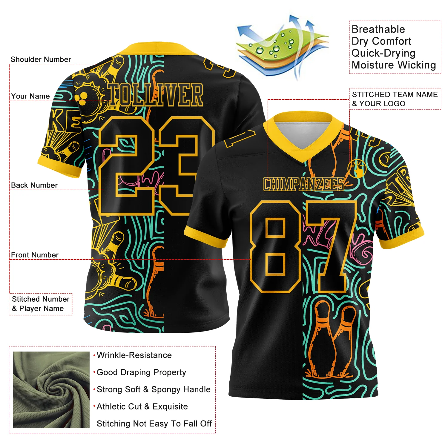 Custom Black Yellow 3D Pattern Bowling Authentic Football Jersey - Image 3