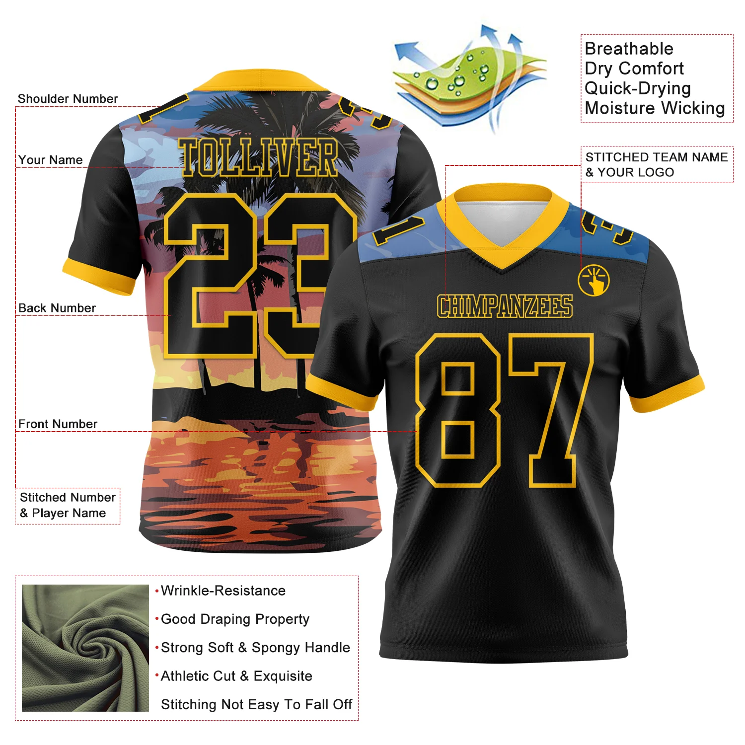 Custom Black Yellow 3D Pattern Tropical Hawaii Palm Trees Authentic Football Jersey - Image 3