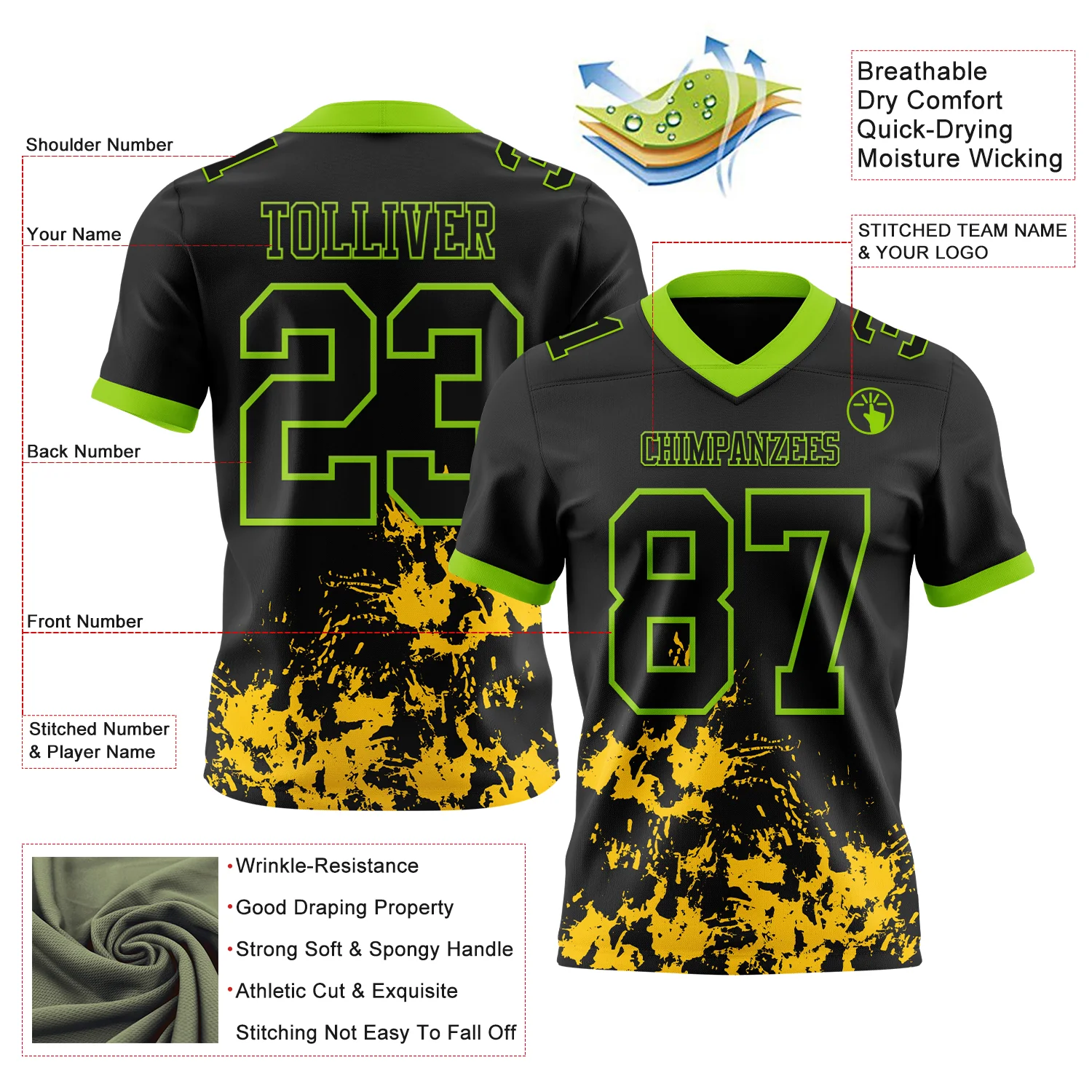 Custom Black Yellow-Neon Green 3D Pattern Splash Authentic Football Jersey - Image 3