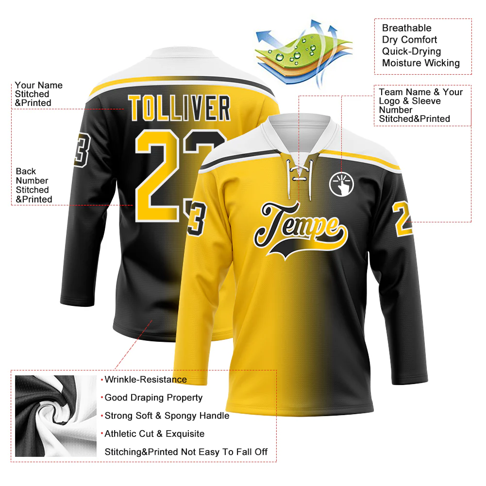 Custom Black Yellow-White Gradient Fashion Hockey Lace Neck Jersey - Image 5