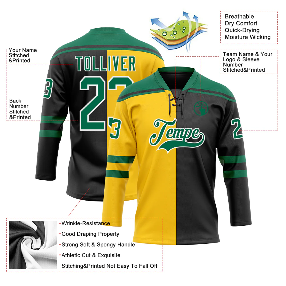 Custom Black Kelly Green Yellow-White Split Fashion Hockey Lace Neck Jersey - Image 5