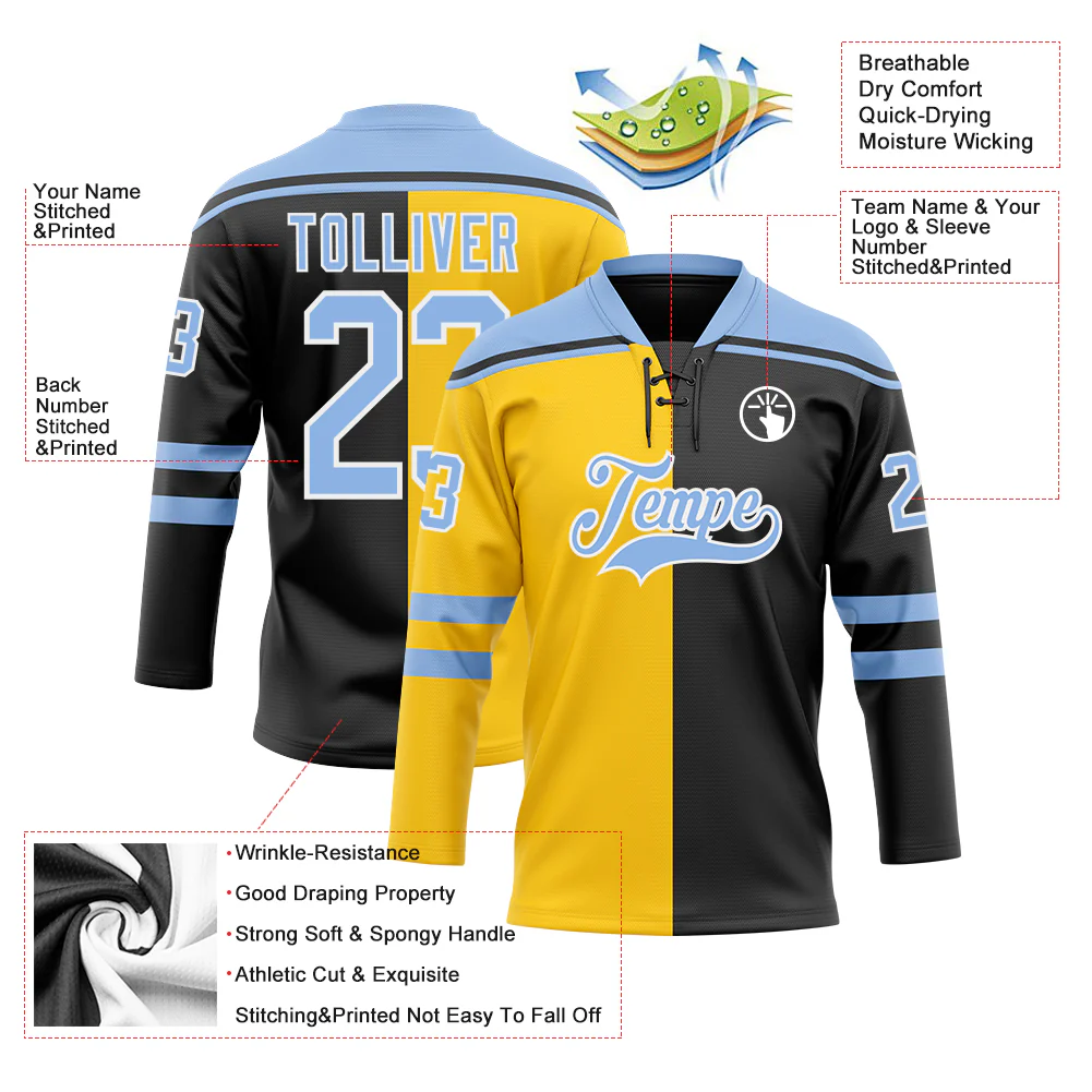 Custom Black Light Blue Yellow-White Split Fashion Hockey Lace Neck Jersey - Image 5