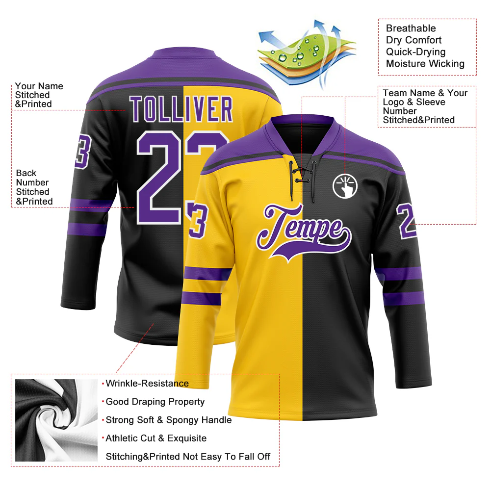 Custom Black Purple Yellow-White Split Fashion Hockey Lace Neck Jersey - Image 5