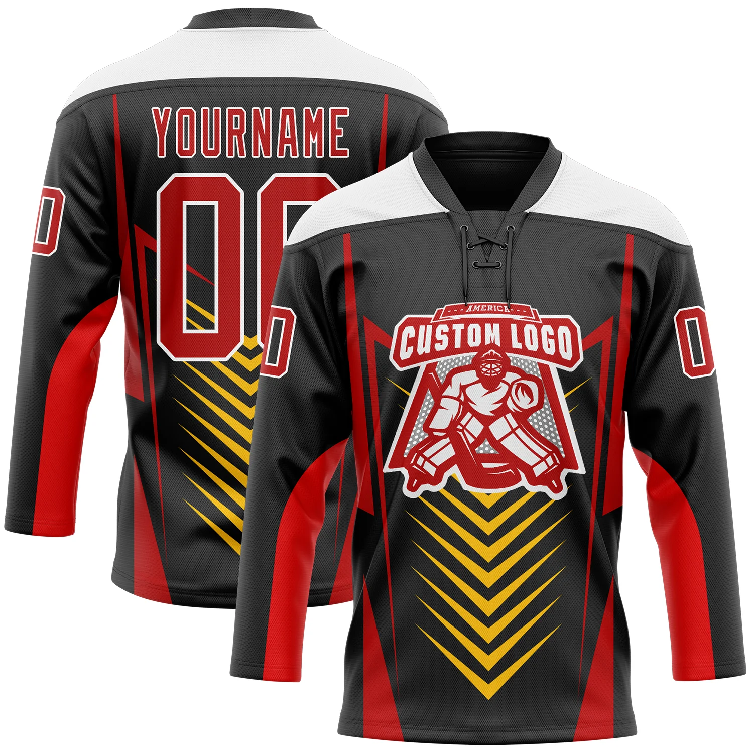 Custom Black Red Yellow-White Abstract Pattern Graphic Cyber Mecha E-sport Hockey Lace Neck Jersey - Image 2
