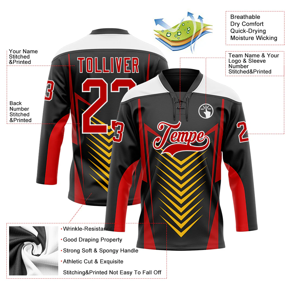 Custom Black Red Yellow-White Abstract Pattern Graphic Cyber Mecha E-sport Hockey Lace Neck Jersey - Image 5
