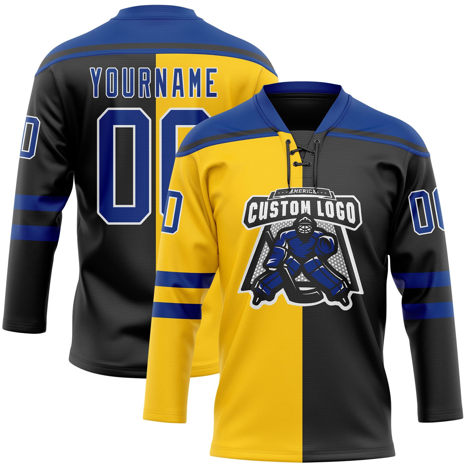 Custom Black Royal Yellow-White Split Fashion Hockey Lace Neck Jersey - Image 2