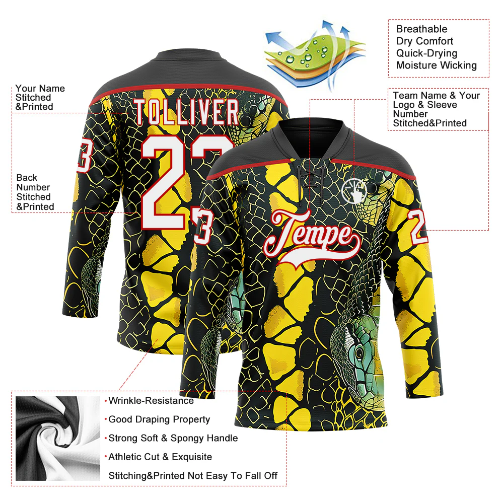Custom Black White Yellow-Red Snake Skin Print Hockey Lace Neck Jersey - Image 5