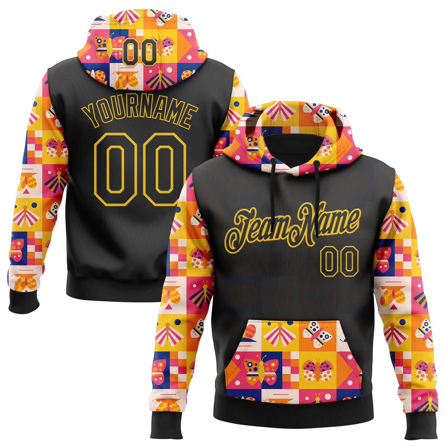 Custom Stitched Black Yellow 3D Ambartive Abstract Butterfly Pattern Sports Pullover Sweatshirt Hoodie